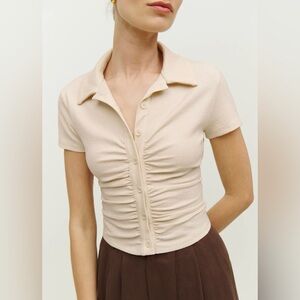 Reformation Cream Brantley Knit Ribbed Collared Top, Size Small